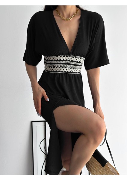 Bürümcük Kumaş Beli Gipe Nakışlı Elbise fiyatları