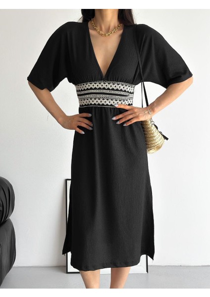 Bürümcük Kumaş Beli Gipe Nakışlı Elbise modelleri