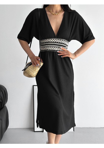 Bürümcük Kumaş Beli Gipe Nakışlı Elbise fırsatları