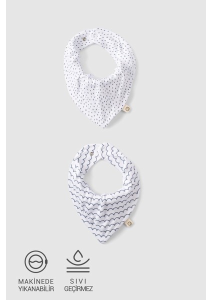 2'li Sıvı Geçirmez Organik Pamuk Bandana Önlük Seti Marine Desenli