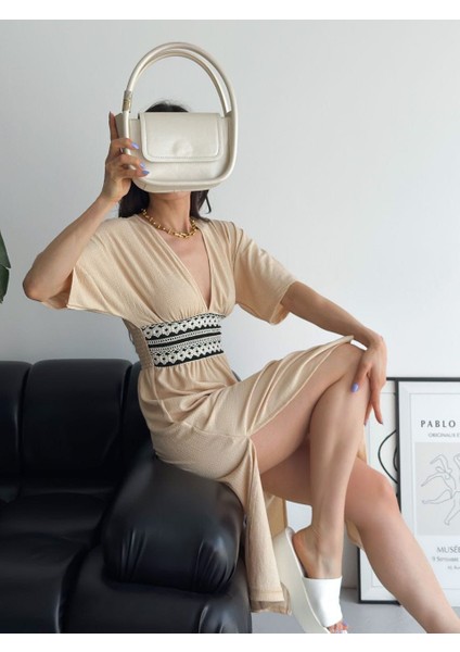 Bürümcük Kumaş Beli Gipe Nakışlı Elbise