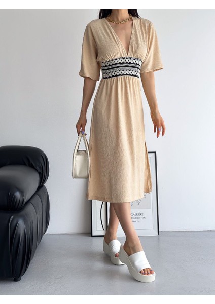 Bürümcük Kumaş Beli Gipe Nakışlı Elbise modelleri