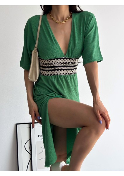 Bürümcük Kumaş Beli Gipe Nakışlı Elbise fırsatları