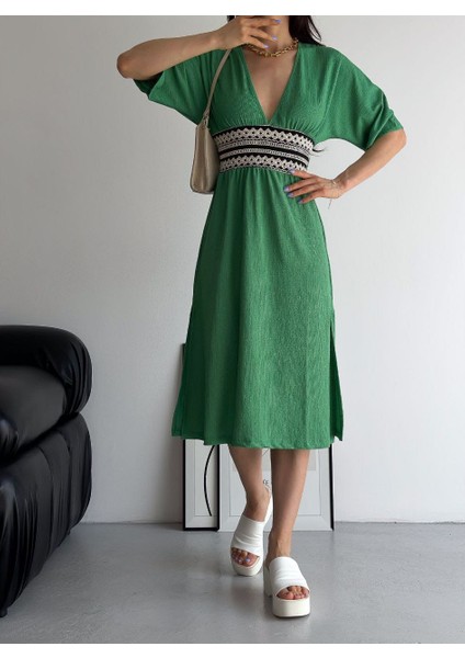 Bürümcük Kumaş Beli Gipe Nakışlı Elbise indirimleri