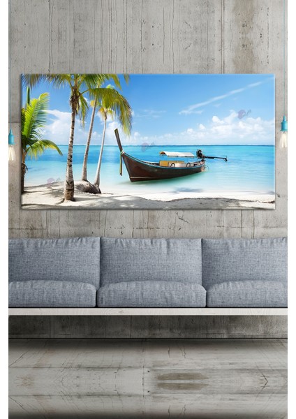 Tropikal Okyanus Sahil Tekne Manzara Kanvas Tablo (6 Farklı Ölçü)
