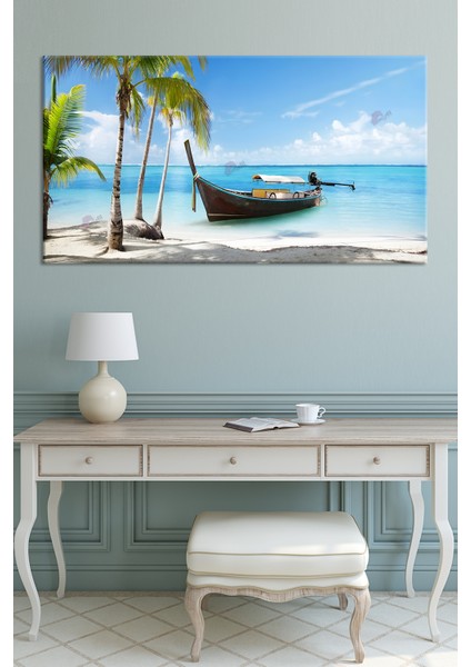 Tropikal Okyanus Sahil Tekne Manzara Kanvas Tablo (6 Farklı Ölçü) modelleri