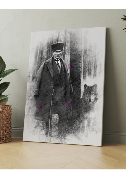 Atatürk Mustafa Kemal Karakalem Efektli Kanvas Tablo Okullara Işyerlerine Uygun (8 Farklı Ölçü)