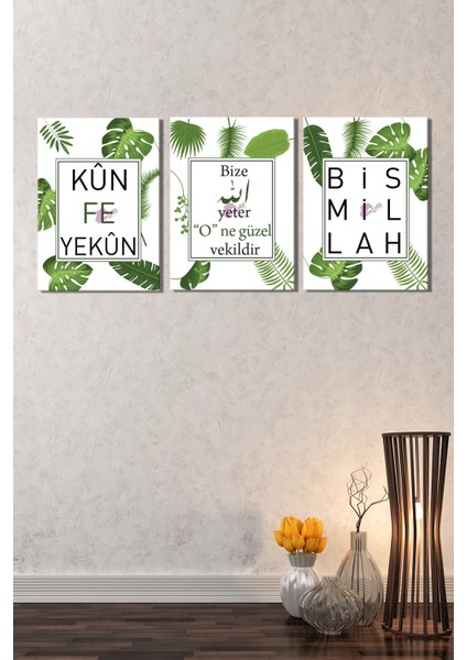 Bize Allah Yeter Kun Feyekun Bismillah Islami Dini Hat Kanvas Tablo Seti (5 Farklı Ölçü)