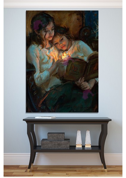 Mum Işığında Kitap Okuyan Kızlar Yağlıboya Efektli Kanvas Tablo (8 Farklı Ölçü)