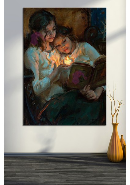Mum Işığında Kitap Okuyan Kızlar Yağlıboya Efektli Kanvas Tablo (8 Farklı Ölçü) modelleri