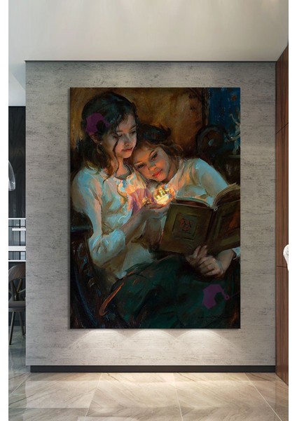 Mum Işığında Kitap Okuyan Kızlar Yağlıboya Efektli Kanvas Tablo (8 Farklı Ölçü) indirimleri