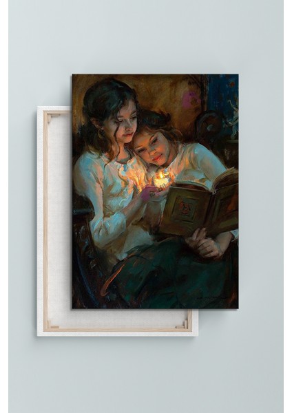 Mum Işığında Kitap Okuyan Kızlar Yağlıboya Efektli Kanvas Tablo (8 Farklı Ölçü) fırsatları