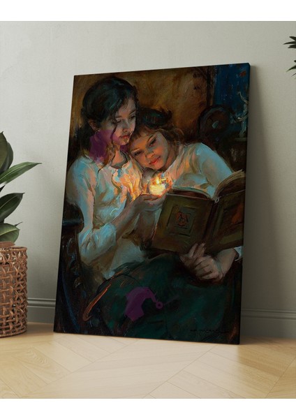 Mum Işığında Kitap Okuyan Kızlar Yağlıboya Efektli Kanvas Tablo (8 Farklı Ölçü) fiyatları
