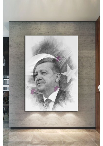 Recep Tayyip Erdoğan Başkan Erdoğan Karakalem Efektli Rte Kanvas Tablo (7 Farklı Ölçü)