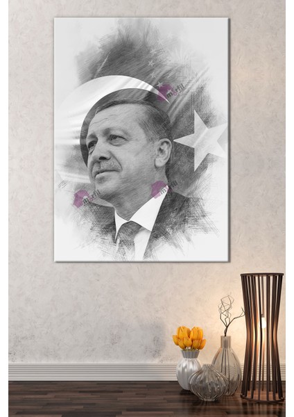 Recep Tayyip Erdoğan Başkan Erdoğan Karakalem Efektli Rte Kanvas Tablo (7 Farklı Ölçü)