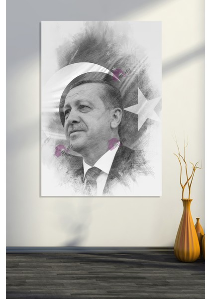 Recep Tayyip Erdoğan Başkan Erdoğan Karakalem Efektli Rte Kanvas Tablo (7 Farklı Ölçü)