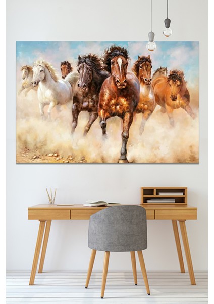 Koşan Atlar Yağlıboya Efektli Hayvan Sanatsal Dekoratif Kanvas Tablo (8 Farklı Ölçü)