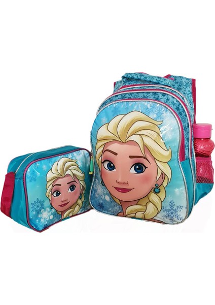 Mavi Frozen Elsa Sırt Çantası + Beslenme - Elsa Ilkokul Çantası Karlar Ülkesi Kız Çocuk Okul Çantası