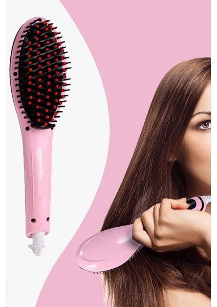 Aktif Market Elektrikli Saç Düzleştirici Tarak Fast Hair Straightener Pratik Pembe Saç Kurutma Tarağı