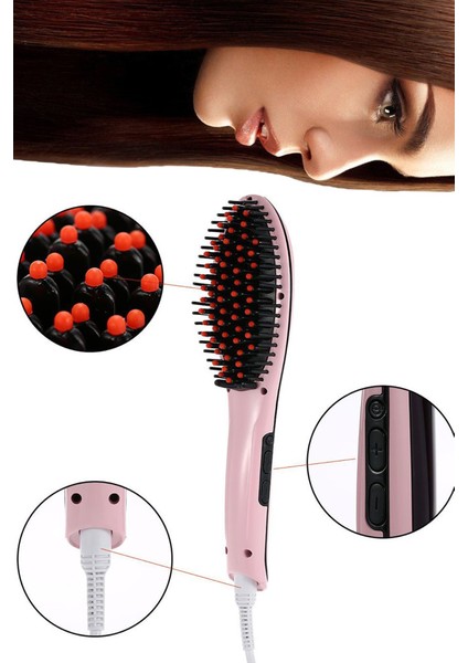 Aktif Market Elektrikli Saç Düzleştirici Tarak Fast Hair Straightener Pratik Pembe Saç Kurutma Tarağı