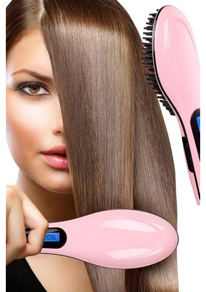 Aktif Market Elektrikli Saç Düzleştirici Tarak Fast Hair Straightener Pratik Pembe Saç Kurutma Tarağı