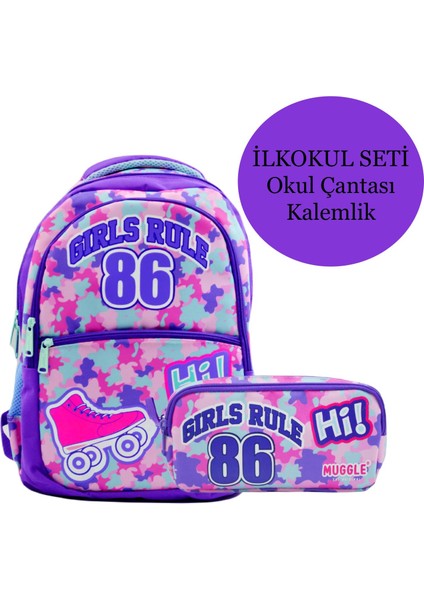 3 Bölmeli Girls Rule Okul Sırt Çantası ve Kalem Çantası