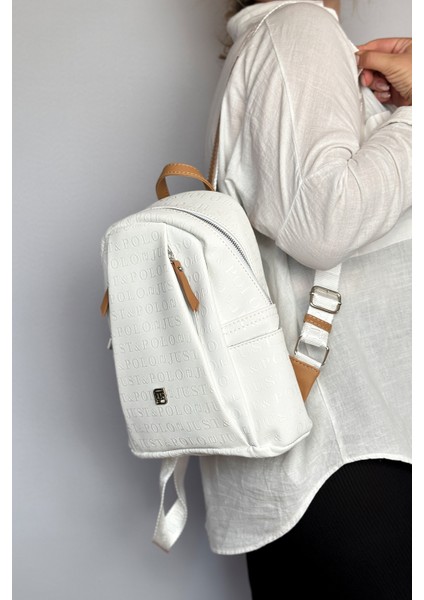 Büyük Boy Günlük Kullanamına Uygun 9 Bölmeli Beyaz Taba Kadın Sırt Çantası 4040