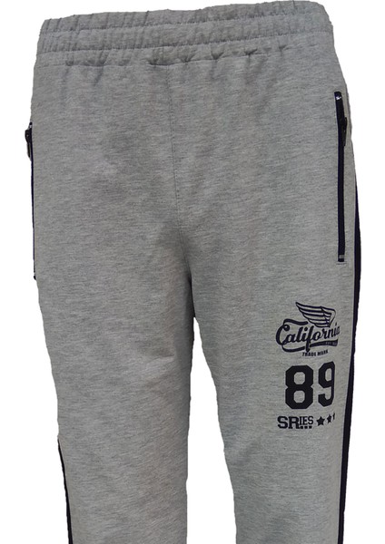 Gri Melanj Erkek 30/100 Penye Ribana Paça Şeritli Lyc Eşofman Altı 175