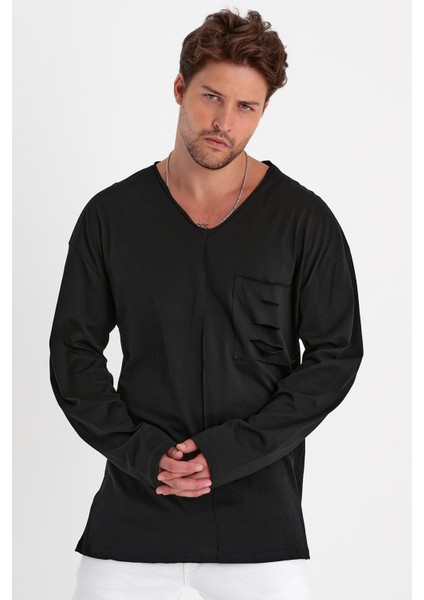 Uzun Kollu Cep Yırtmaç Detaylı V Yaka Süper Oversize T-Shirt modelleri