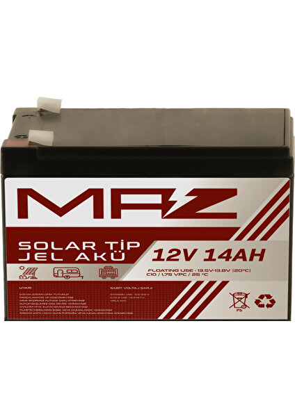 Maz Akü 12 Volt 14 Amper (Ah) Solar Jel Akü (Güneş Paneli Akü)