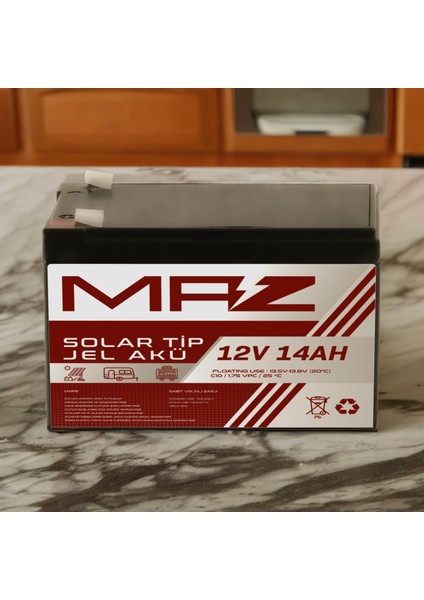 Maz Akü 12 Volt 14 Amper (Ah) Solar Jel Akü (Güneş Paneli Akü)