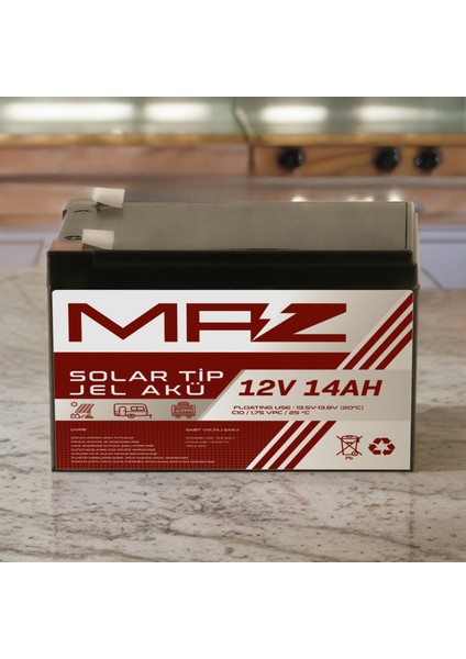 Maz Akü 12 Volt 14 Amper (Ah) Solar Jel Akü (Güneş Paneli Akü)