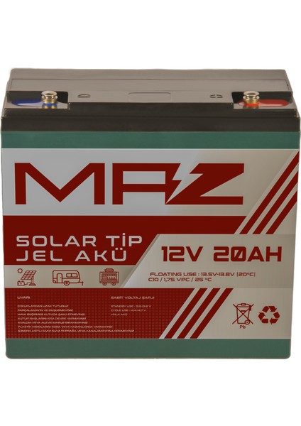 12 Volt 20 Amper (Ah) Solar Jel Akü (Güneş Paneli Akü)