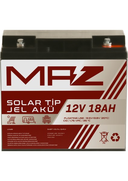 Maz Akü 12 Volt 18 Amper (Ah) Solar Jel Akü (Güneş Paneli Akü)