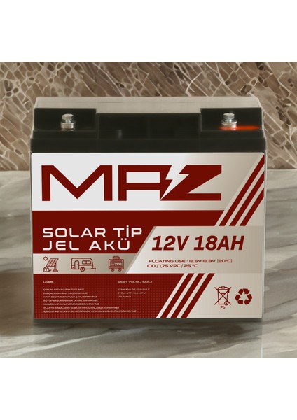 Maz Akü 12 Volt 18 Amper (Ah) Solar Jel Akü (Güneş Paneli Akü)