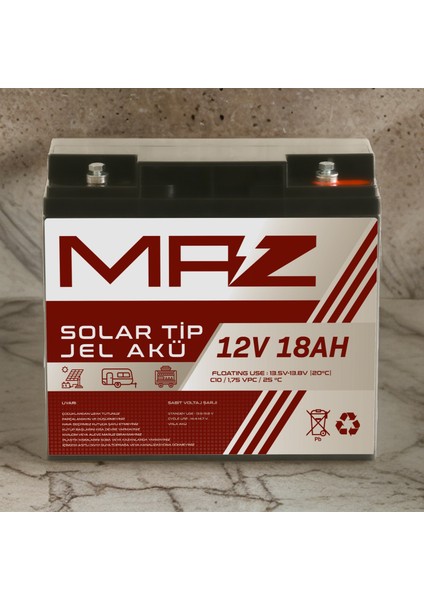 Maz Akü 12 Volt 18 Amper (Ah) Solar Jel Akü (Güneş Paneli Akü)