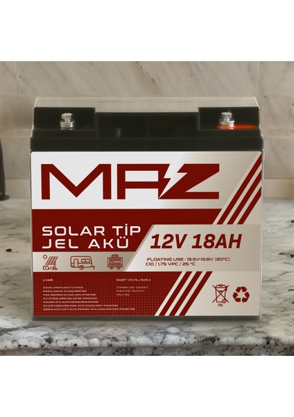 Maz Akü 12 Volt 18 Amper (Ah) Solar Jel Akü (Güneş Paneli Akü)