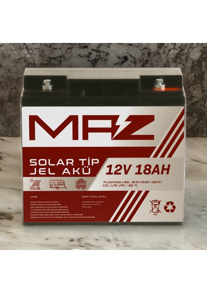 Maz Akü 12 Volt 18 Amper (Ah) Solar Jel Akü (Güneş Paneli Akü)