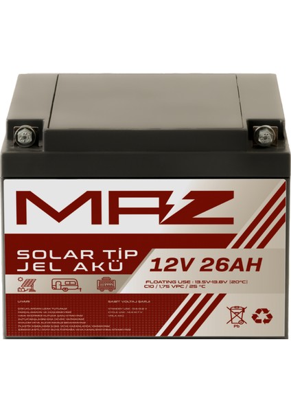 12 Volt 26 Amper (Ah) Solar Jel Akü (Güneş Paneli Akü)