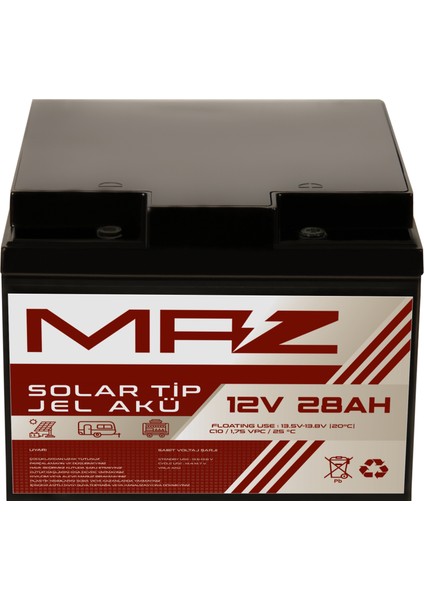 Maz Akü 12 Volt 28 Amper (Ah) Solar Jel Akü (Güneş Paneli Akü)