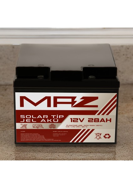 Maz Akü 12 Volt 28 Amper (Ah) Solar Jel Akü (Güneş Paneli Akü)