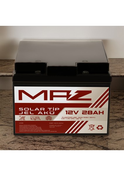 Maz Akü 12 Volt 28 Amper (Ah) Solar Jel Akü (Güneş Paneli Akü)