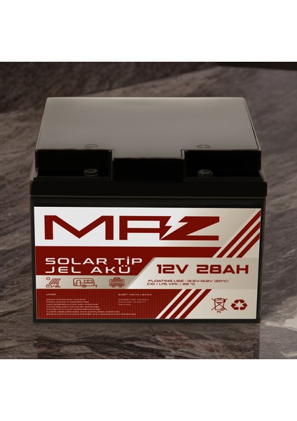 Maz Akü 12 Volt 28 Amper (Ah) Solar Jel Akü (Güneş Paneli Akü)