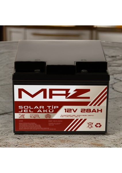 Maz Akü 12 Volt 28 Amper (Ah) Solar Jel Akü (Güneş Paneli Akü)