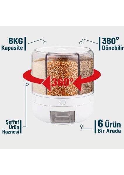 Kuru Gıda ve Bakliyat 6'lı Erzak Saklama Kabı 360° Dönebilen Gıda Organizeri Hava Geçirmez Saklama Kabı Beyaz K fiyatları