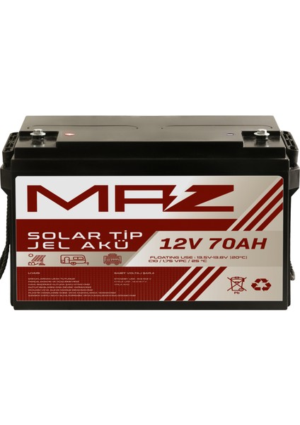 Maz Akü 12 Volt 70 Amper (Ah) Solar Jel Akü (Güneş Paneli Akü)