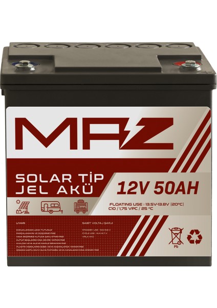 12 Volt 50 Amper (Ah) Solar Jel Akü (Güneş Paneli Akü)