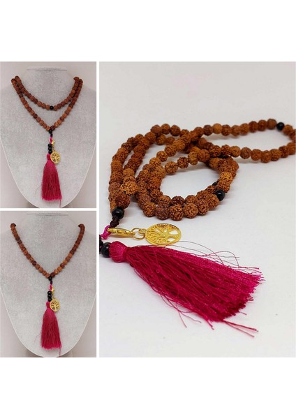 Rudraksha Tohumlu Bordo Püsküllü Yaşam Ağacı Aparatlı 108'LIK Tibet Stili el Yapımı Mala Kolye