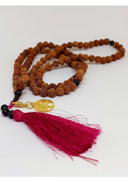 Rudraksha Tohumlu Bordo Püsküllü Yaşam Ağacı Aparatlı 108'LIK Tibet Stili el Yapımı Mala Kolye