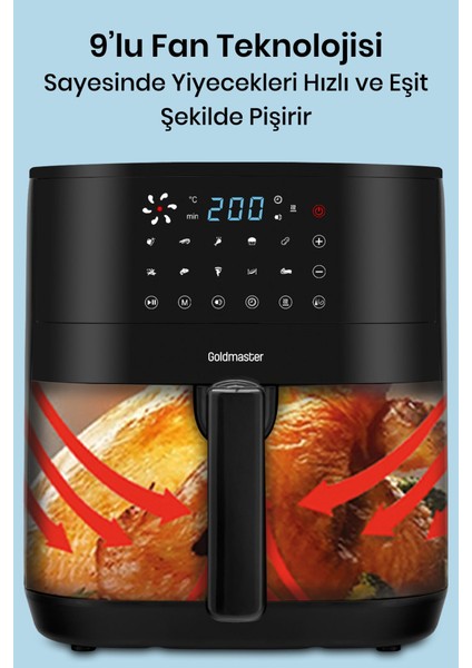 Smartfry Dijital Dokunmatik 1900 W 10 Ön Ayarlı 6 Litre Airfryer Yağsız Kızartma Sıcak Hava Fritöz